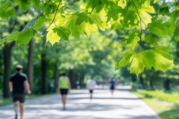 Obraz premium A sunny day in a park, showcasing blurred figures walking along a path, framed by vibrant green leaves overhead.