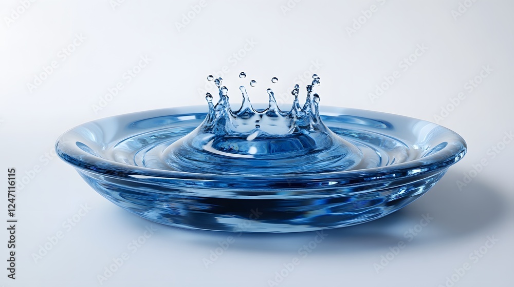 Poster cascading water droplets creating elegant abstract fluid motions and ripples on a transparent surfac