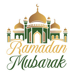 A beautifully designed Ramadan Mubarak greeting featuring a golden mosque with green accents, symbolizing blessings, faith, and spirituality.