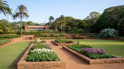 Fototapeta premium A beautiful garden landscape featuring vibrant flowers and lush greenery under a clear blue sky in a serene setting.