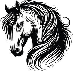 hand drawn horse vector illustration, black and white silhouette illustration line art