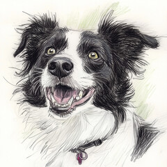 Whimsical Colored Pencil Drawing of a Happy Border Collie