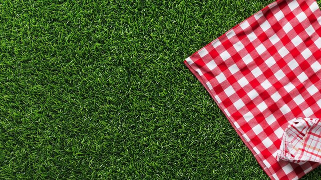 A vibrant picnic scene featuring a red and white checkered blanket on lush green grass under bright sunlight outdoors.