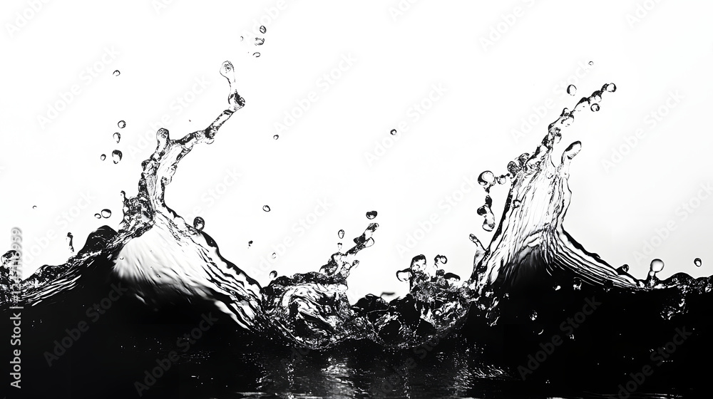 Poster Dramatic and dynamic black and white image capturing the powerful and chaotic movement of a water splash  The image showcases the energy force and fluid motion of water in an abstract and manner