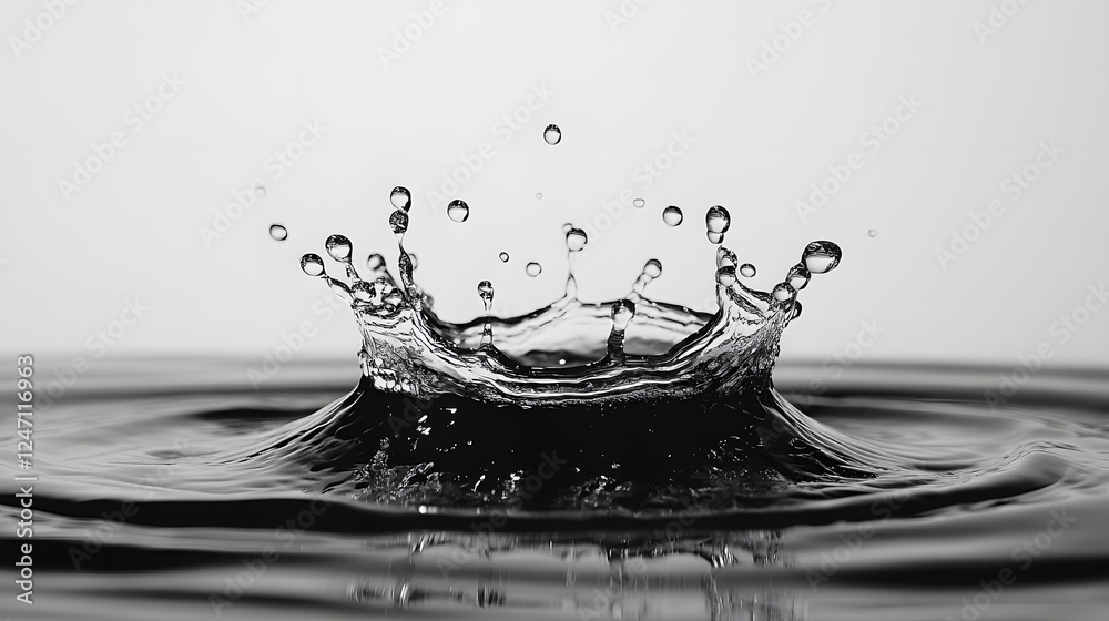 Poster Dramatic and close up view of a single water droplet splashing and creating concentric ripples on a reflective surface capturing the dynamic motion and fluidity of the liquid element