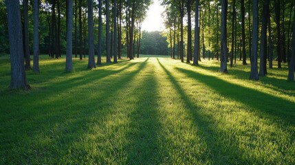 Obraz premium Sunlight filters through trees, casting long shadows on a lush green meadow in a tranquil forest setting.