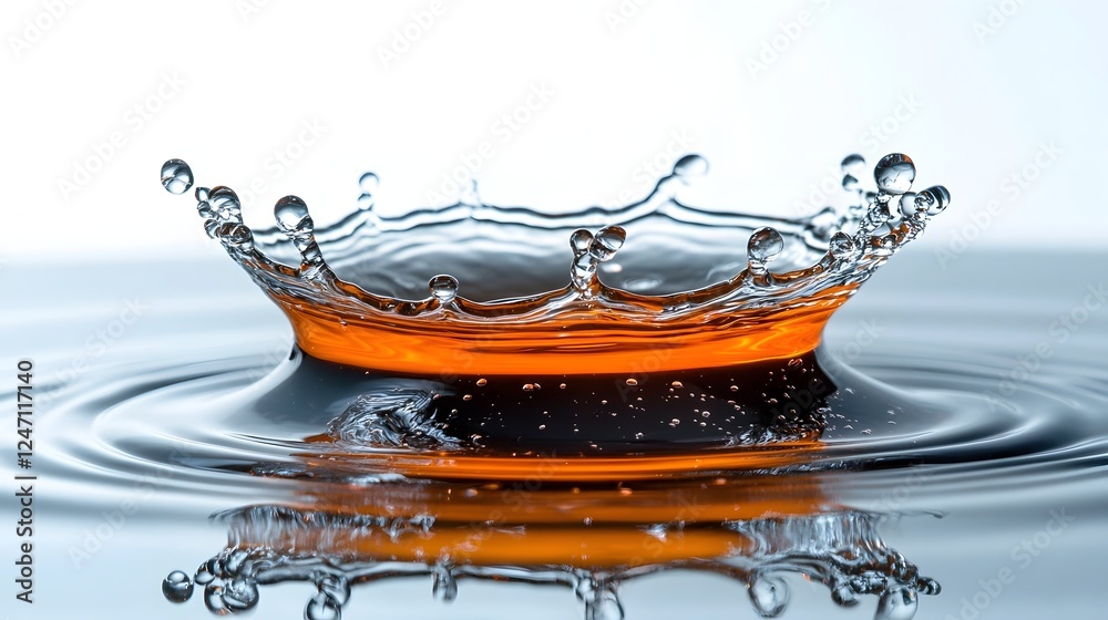 Poster Dramatic and vivid orange water splash with dynamic ripple pattern and reflection on the surface