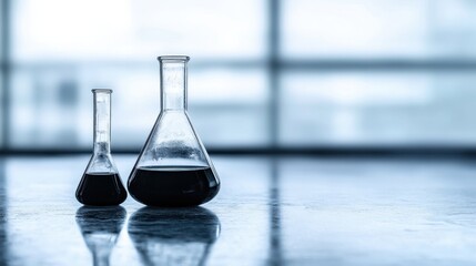 Chemical reaction concept with glass laboratory flasks on scientific background
