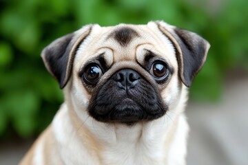 Fototapeta premium A cute pug with a distinctive wrinkled face and expressive eyes, set against a blurred green background.