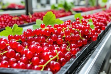 Fresh, vibrant red currants arranged in trays, showcasing their juicy texture and green leaves in a farm setting.