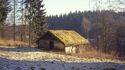 Cozy cabin nestled in a forest at sunset.
