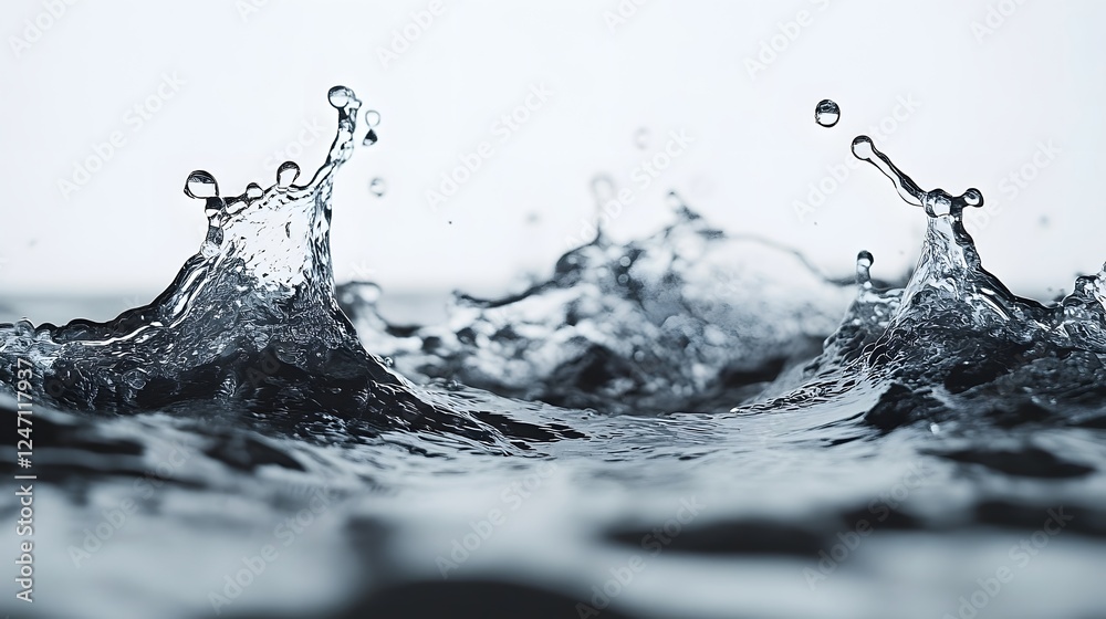 Poster Dramatic splashing water droplets colliding and flowing in chaotic motion creating a vibrant abstract scene filled with energy and power  The transparent liquid flows and ripples