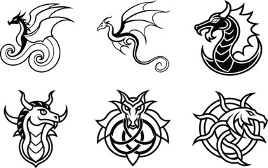 Six Stylized Dragon Designs Tattoo, Celtic, Mythical, Art
