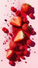 Fresh strawberries raspberries with red powder on pink