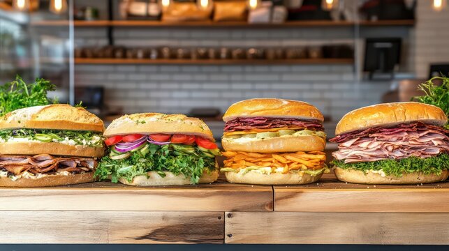 A sandwich shop counter displaying a variety of freshly made sandwiches ready to order - Powered by Adobe