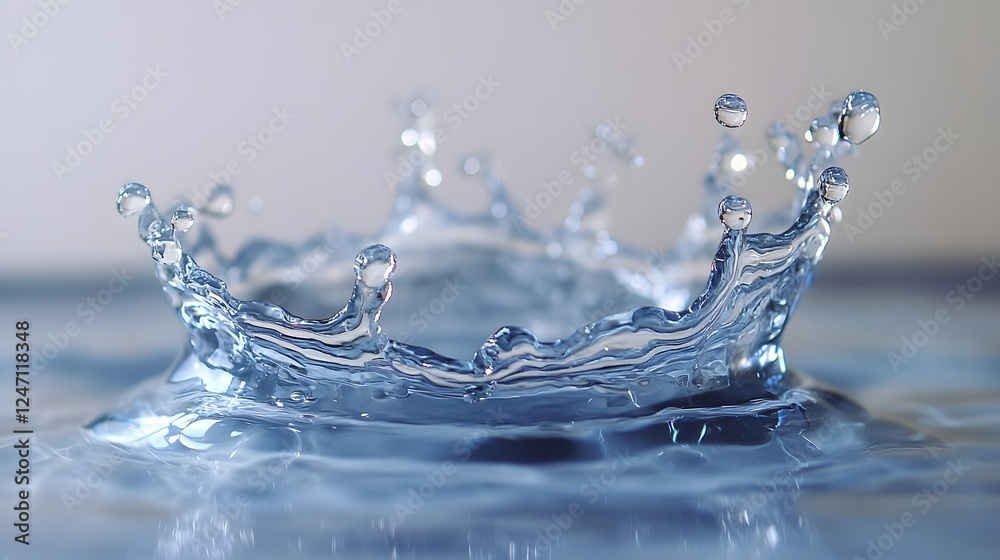 Poster Dramatic water splash with crystalline droplets and flowing ripples creating an abstract and dynamic visual representation of the power and beauty of liquids in motion