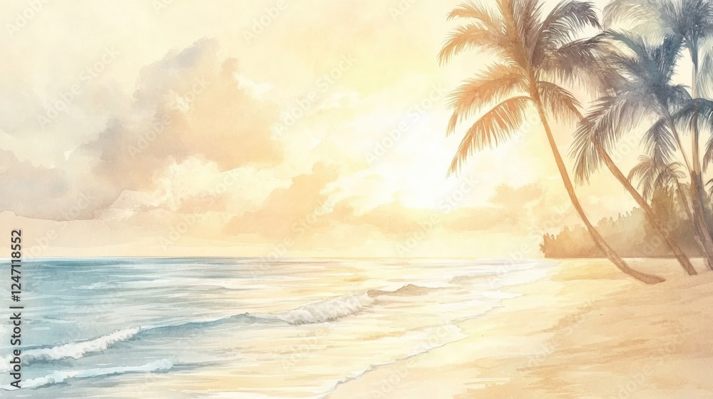 Aufkleber watercolor illustration of a serene beach at sunset with palm trees and gentle ocean waves. generati