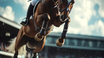 A close-up sports-themed photograph captures a horse jumping over an obstacle.
