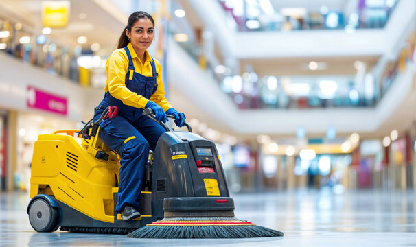 Latin housemaid sitting on a sweeper cleaning machine against the blurry shopping mall background. Cleaning equipment and industrial cleaning concept. Commercial shot for poster, presentation, design 