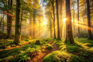 Fototapeta premium Misty Forest Sunbeams - Documentary Photography AI Art