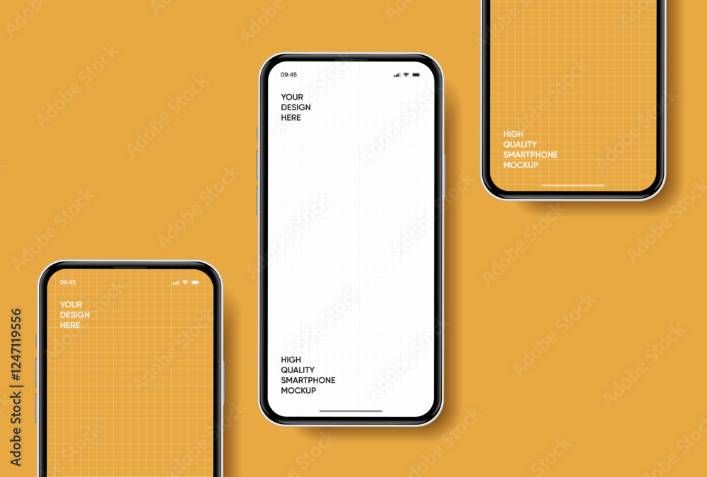 Poster Realistic smartphone mockup. Mobile phone vector with isolated on white background. Device front view. 3D mobile phone with shadow. Realistic, high quality smart phone mockup for ui ux presentation.