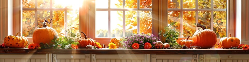 Fall-themed kitchen decor featuring pumpkins, flowers, and sunny windows.