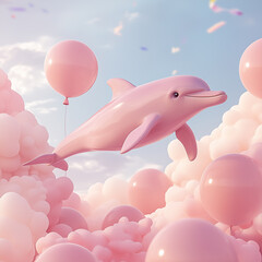 Cute 3D Pink Dolphin Flying with Balloons in a Pastel Sky