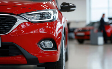 Fototapeta premium Caught in the spotlight a vibrant red car shines in a modern showroom