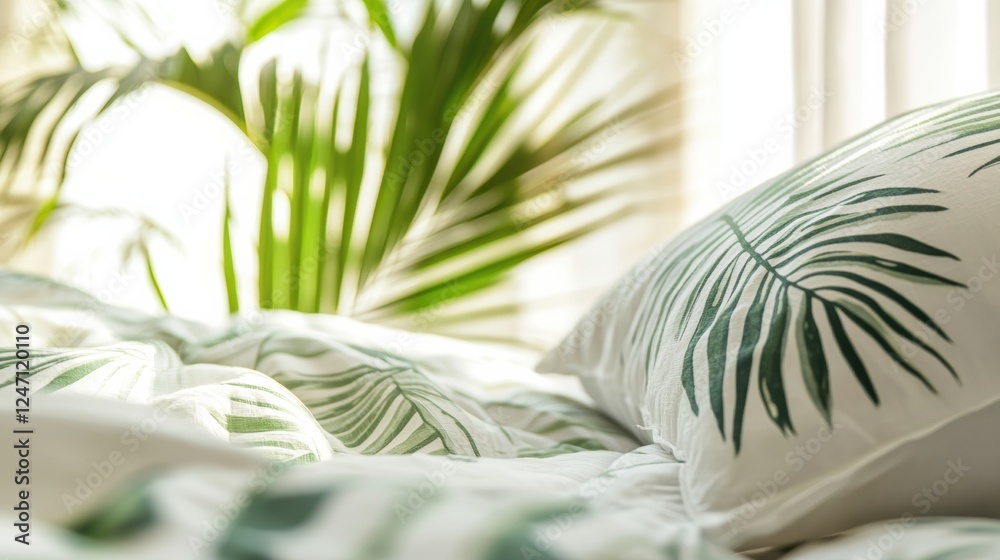 Fototapete tropical patterns on light summer fabrics with lush greenery in a bright and airy setting for a refr