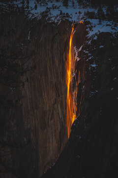 Sunlit Waterfall Resembling Lava at Yosemite s Firefalls.