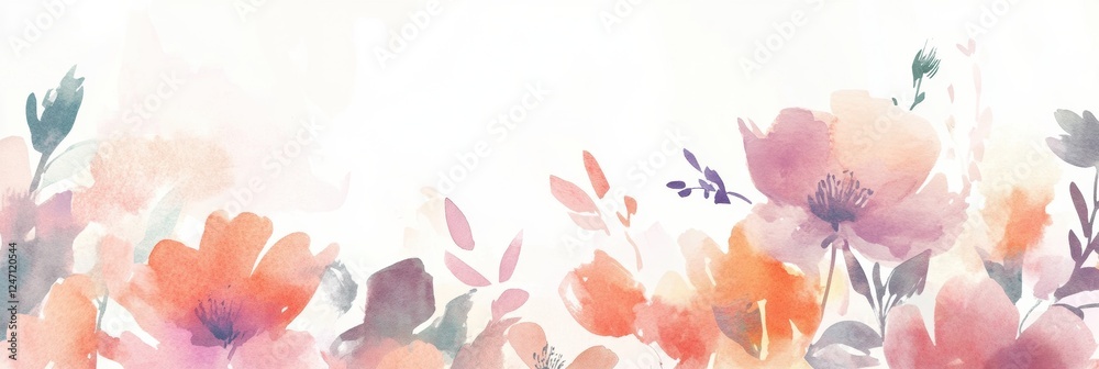 Poster watercolor illustration of vibrant flowers in soft hues creating a serene and inviting floral backgr