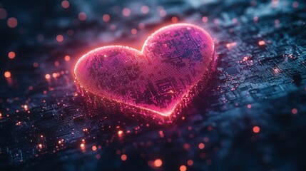 Glowing digital heart on circuit board, futuristic background, love tech concept