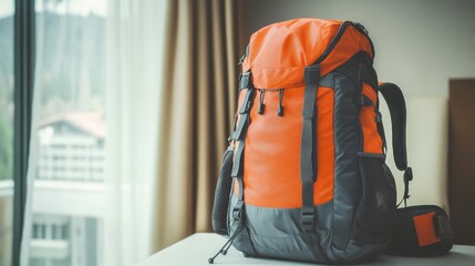 Close-up of a stylish travel backpack on a white surface, ideal for promoting outdoor or adventure gear.