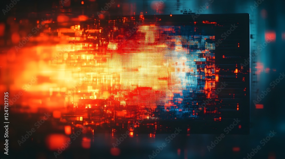 Poster Explosive Digital Disruption   A mesmerizing visual display of vibrant neon like glitch effects that illuminate a dynamic technology driven landscape of chaotic energy and disruption