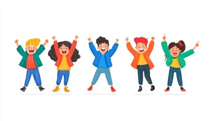 Fototapeta premium Five diverse children celebrating joyfully with raised hands.