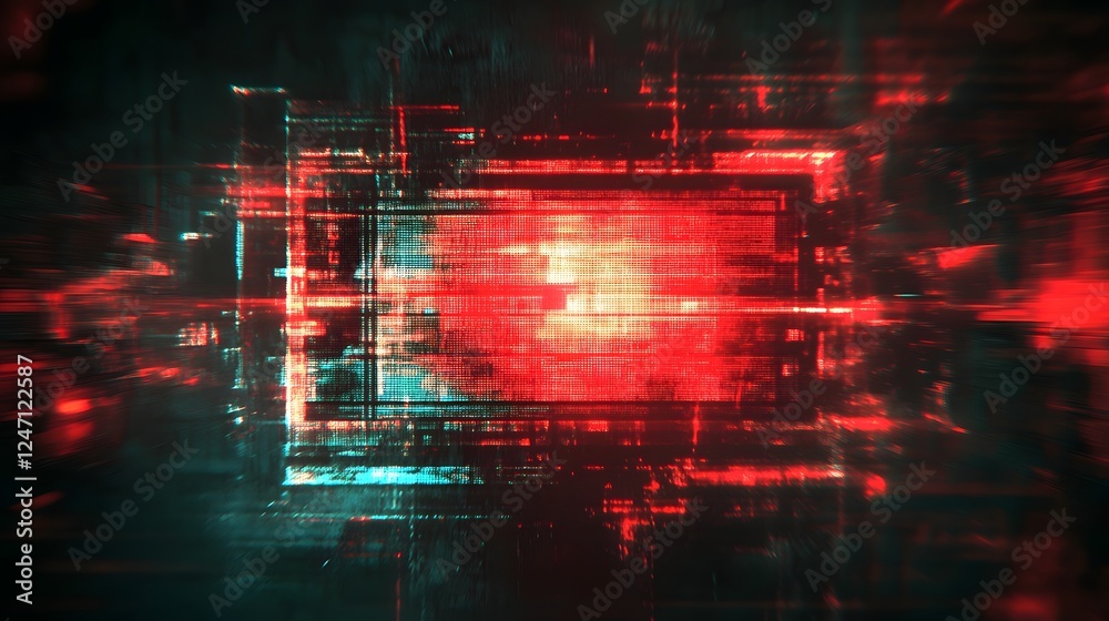 Poster Futuristic and abstract digital art with a glitch effect featuring a dynamic matrix like pattern of pulsing energy data and information flow