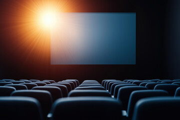 Fototapeta premium Empty cinema hall ready for the next movie screening with bright projector light