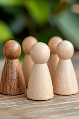 A set of wooden figurines representing family members arranged in a constellation therapy session on a minimalist wooden table.