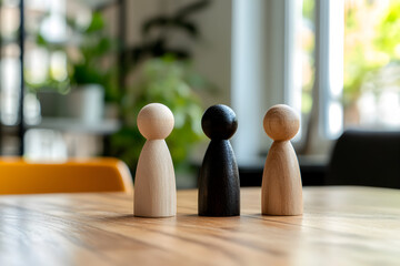 A set of wooden figurines representing family members arranged in a constellation therapy session on a minimalist wooden table.