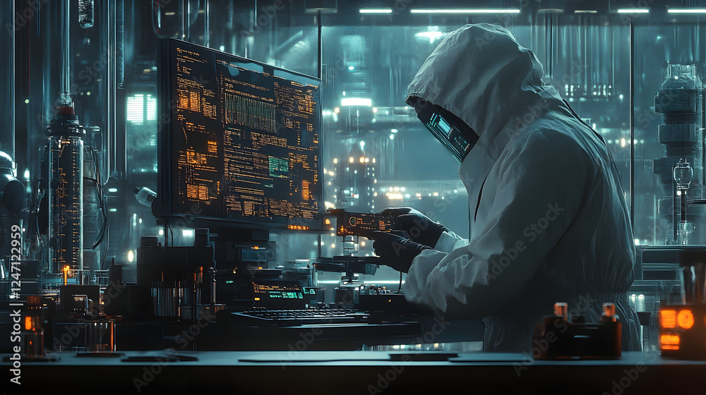 Poster Futuristic cyberpunk inspired hacker workspace with neon lit cityscape in the background  The scene depicts a dark high tech environment filled with computer screens technology