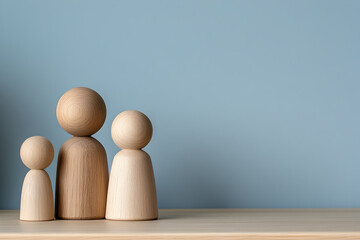 A set of wooden figurines representing family members arranged in a constellation therapy session on a minimalist wooden table.