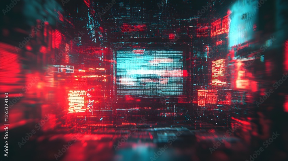 Poster Futuristic digital environment with neon lights abstract glitch effects and a surreal technological landscape  The image creates a sense of a futuristic virtual world with dynamic 3D shapes colors