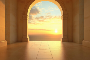 Serene sunset view from an elegant archway overlooking the calm ocean waves