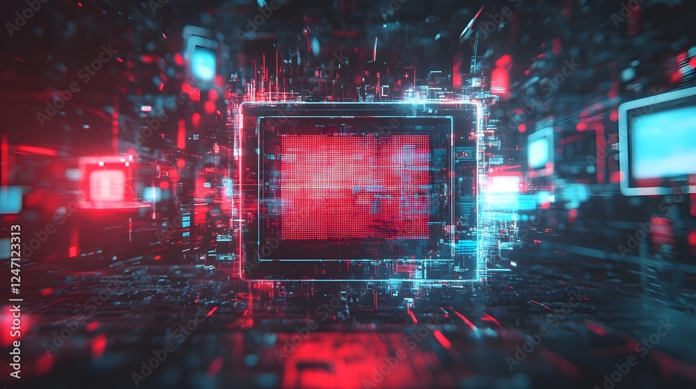 Poster Futuristic digital glitch neon matrix hologram HUD technology abstract background with dynamic energy and data flow