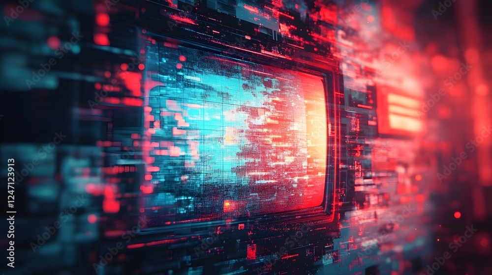 Poster Futuristic glitch tech abstract background with dynamic digital data visualization effect  Surreal sci fi style inspired neon lights and circuit board pattern