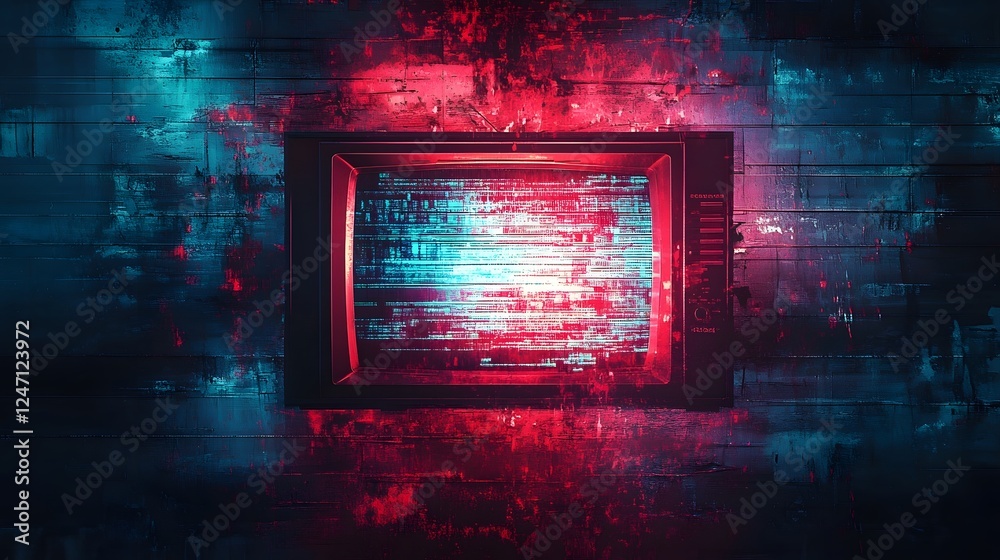 Poster Futuristic neon lit cityscape with glitched abstract architectural structures and dynamic surreal lighting  A dystopian cyberpunk inspired digital landscape