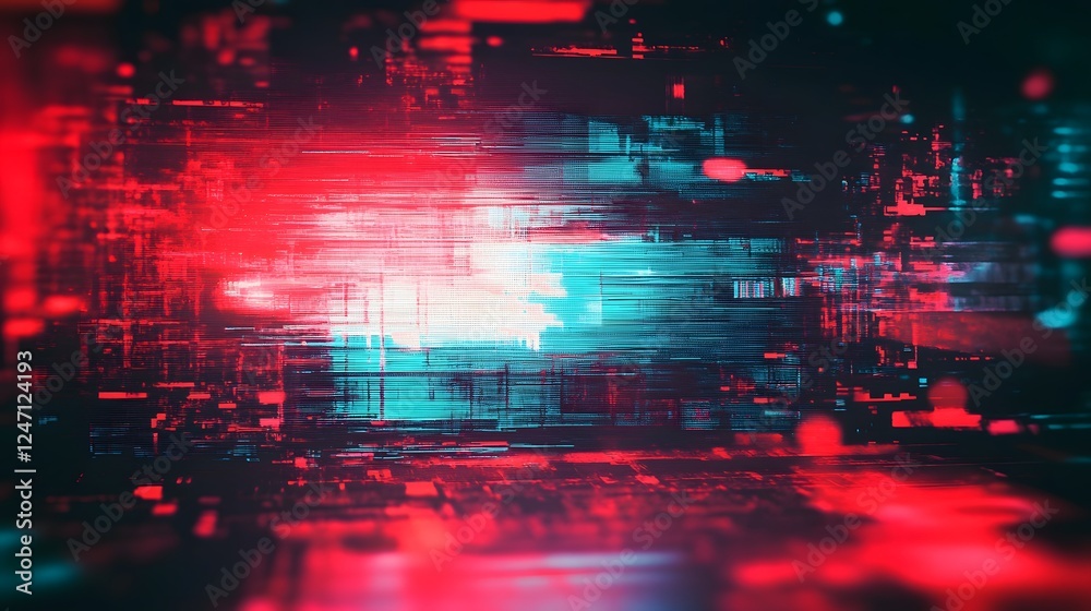 Poster Glitched and distorted futuristic neon landscape depicting a dynamic cityscape with vibrant digital elements in abstract motion blur  This surreal