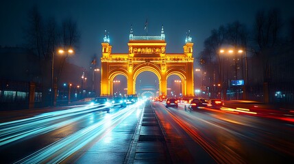 Naklejka premium Dynamic Time-Lapse of Traffic Patterns Over an Urban Bridge at Night – Generative AI