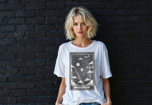 Top Model Wearing an Oversized White T-shirt Mockup on a Black Brick Wall