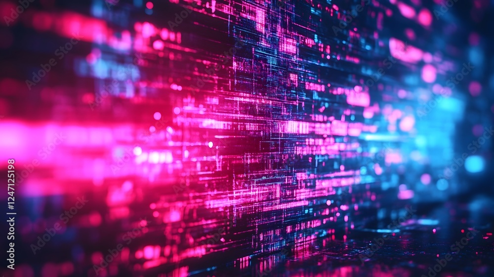 Aufkleber Glowing Futuristic Digital Data Grid with Colorful Matrix Patterns and Flowing Luminous Light  Abstract Style Technology Background with Vivid Neon Colors and Dimensional Graphic Composition